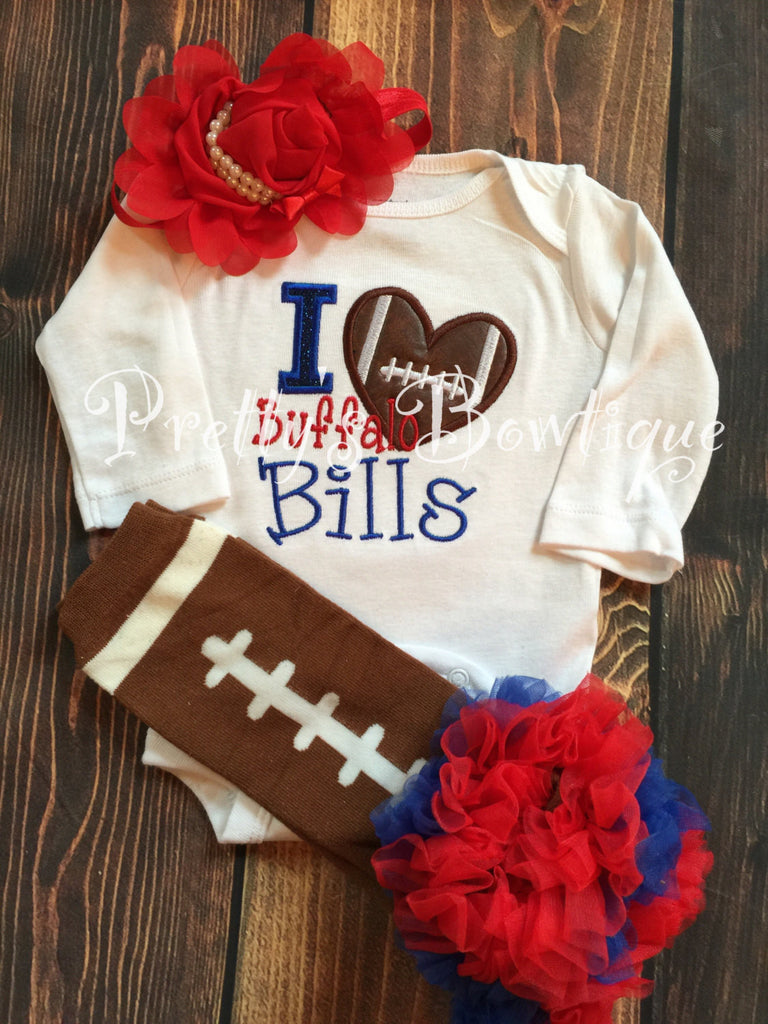 Girls Bills football outfit-- Girls Football Shirt-- Ruffled football leg warmers and headband -- Any team or colors -- I love Buffalo - Pretty's Bowtique