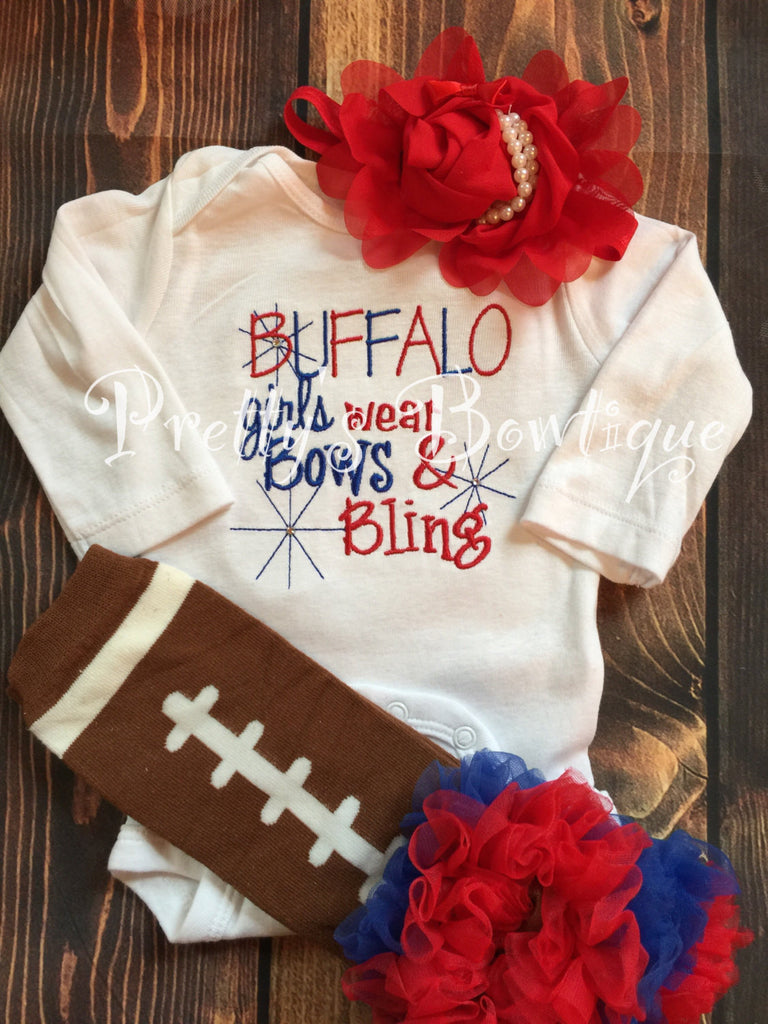 Buffalo football shirt -- Buffalo girls like bling bodysuit set with ruffled football leg warmers and headband-- Bills Football shirt - Pretty's Bowtique