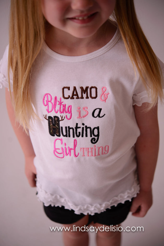 Camo and Bling it's a hunting girl thing t shirt or bodysuit - PINK - Can customize colors -- Girls Camo Shirt - Pretty's Bowtique
