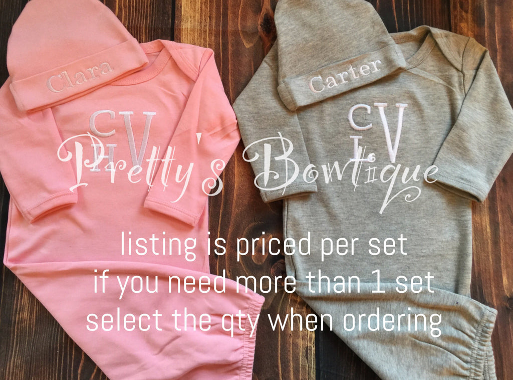 Newborn coming home outfit monogram gown -- Monogramed newborn gown and hat-- Twins coming home outfit-- baby shower gift -- monogram-- - Pretty's Bowtique