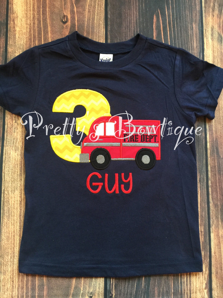 Boys Firetruck Birthday Shirt any age you can pick colors and fabrics -- Fireman Birthday shirt - Pretty's Bowtique