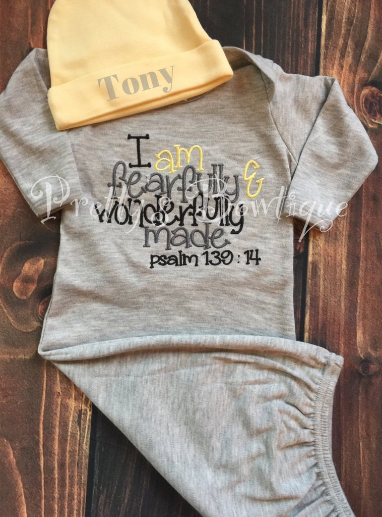 Newborn boy coming home outfit gown and beanie -- I am fearfully & wonderfully made Navy Gown psalm 139:14.  Perfect coming home outfit - Pretty's Bowtique