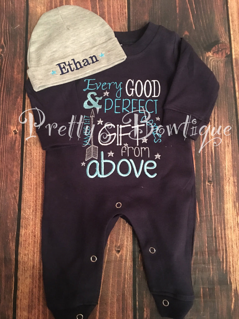 Baby Boy Coming Home Outfit -- Every good and perfect gift comes from above James 1:17 Romper & Hat with Embroidered Name - Pretty's Bowtique