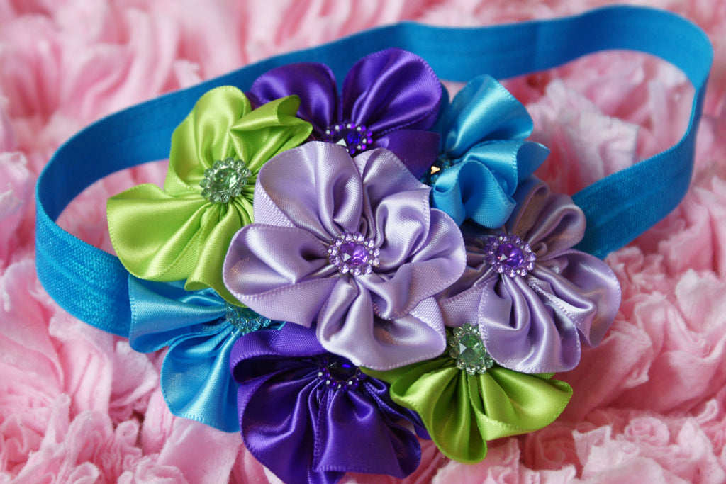 Cluster Satin Flowers with Rhinestone embellishments headband Purple, Green, and turquoise - Pretty's Bowtique