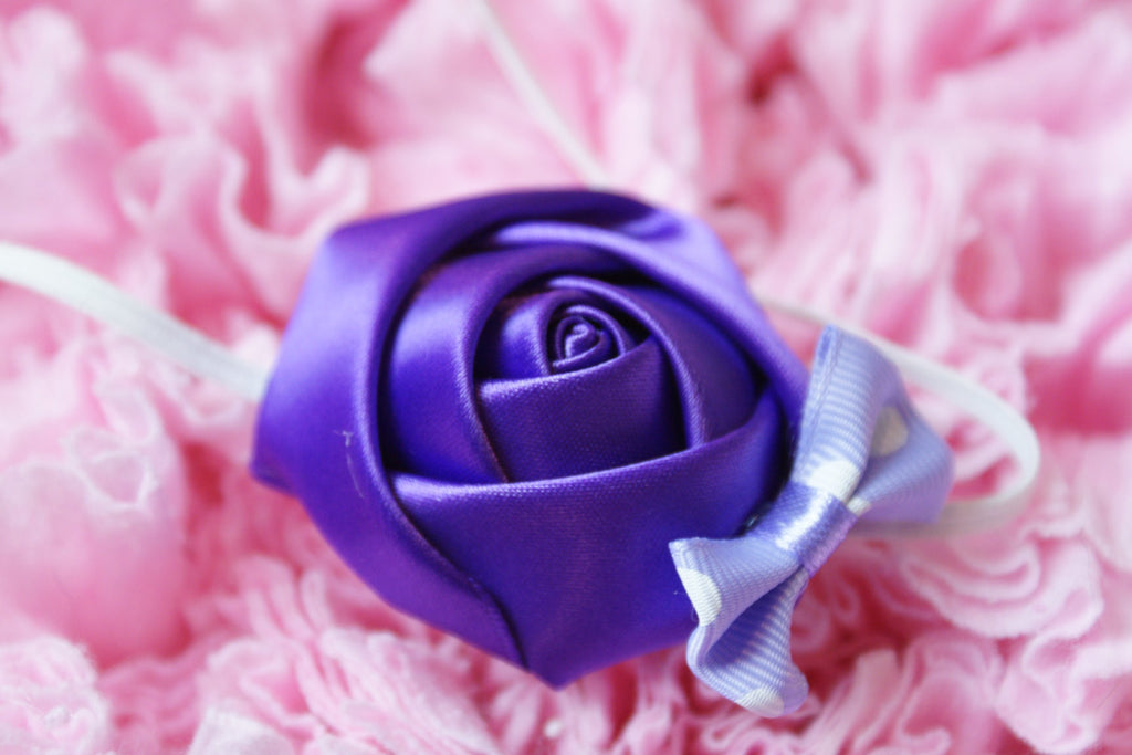 Satin rolled rose headband newborn with bow - Pretty's Bowtique