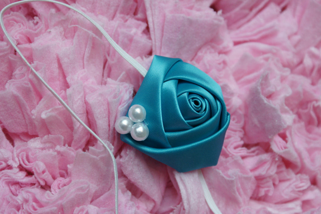 Satin rolled rose headband teal with pearl embellishments - Pretty's Bowtique