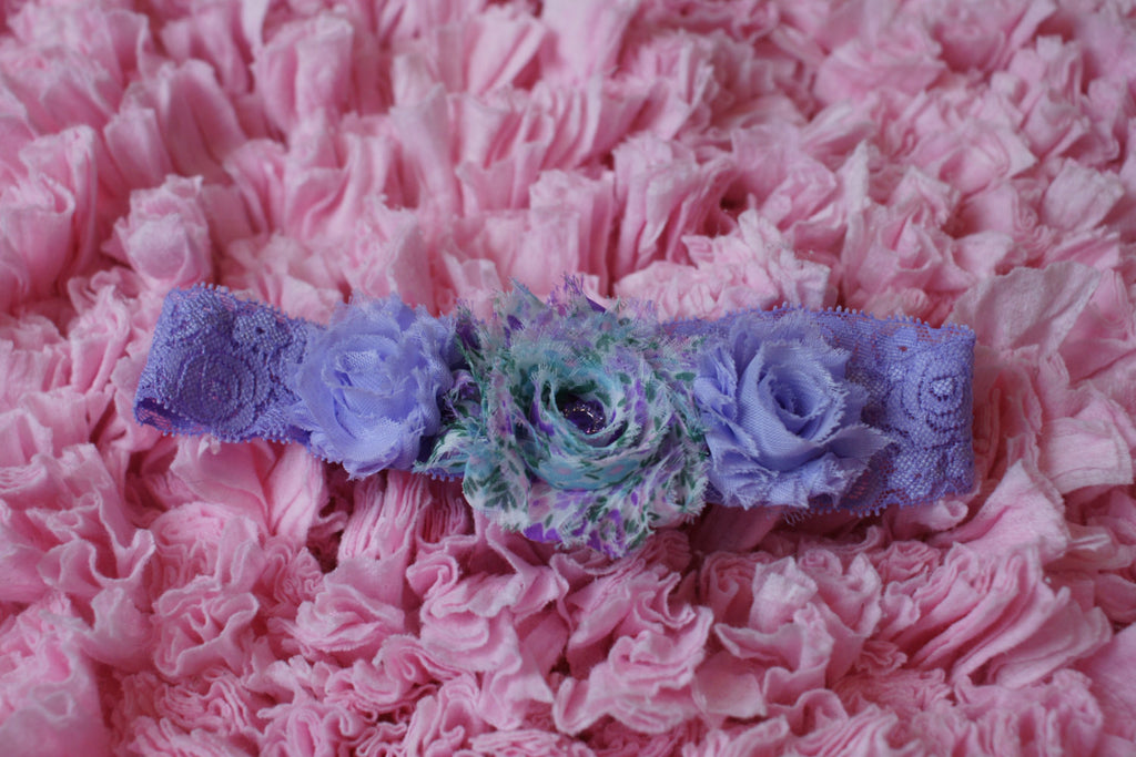 Shabby rose triple flower on lace headband with rhinestone embellishments - Pretty's Bowtique
