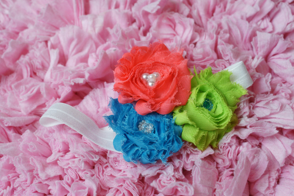 Flower headband Shabby rose triple flower salmon, lime & blue mix on white elastic headband - Pretty's Bowtique
