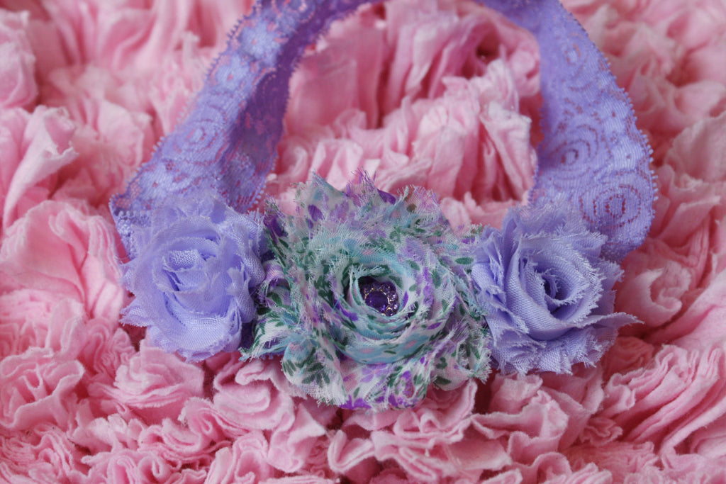 Shabby rose triple flower on lace headband with rhinestone embellishments - Pretty's Bowtique