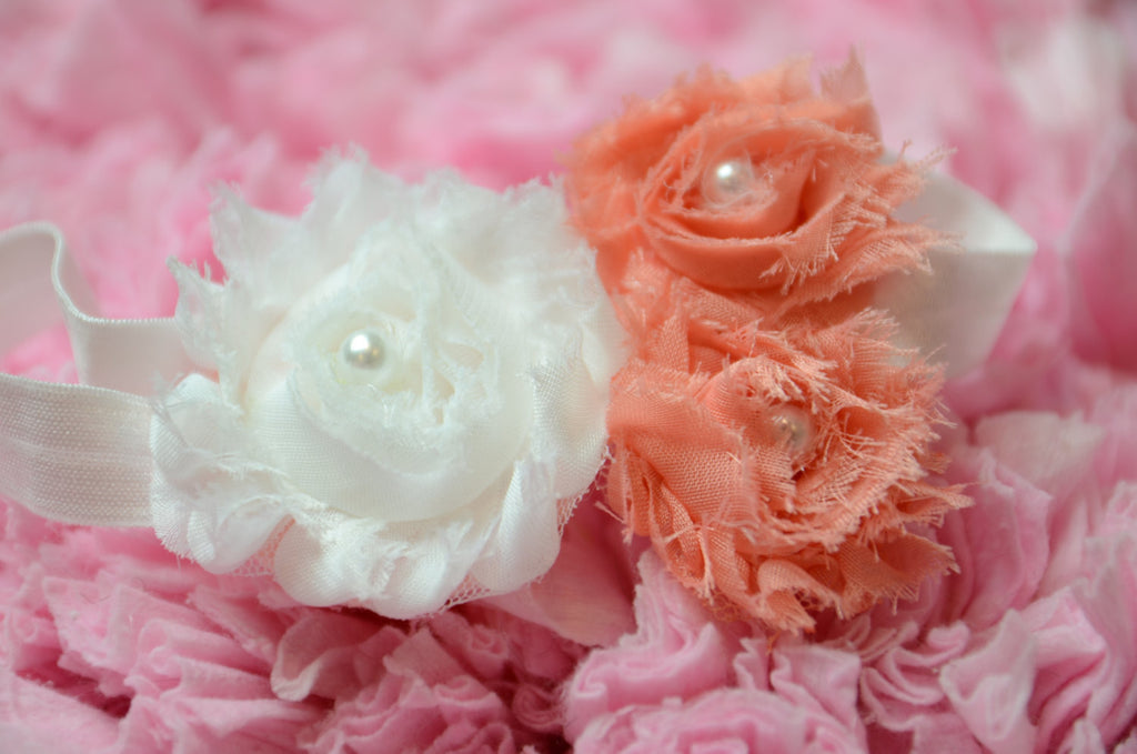 Shabby rose triple White with peach on white elastic headband and pearl centers - Pretty's Bowtique