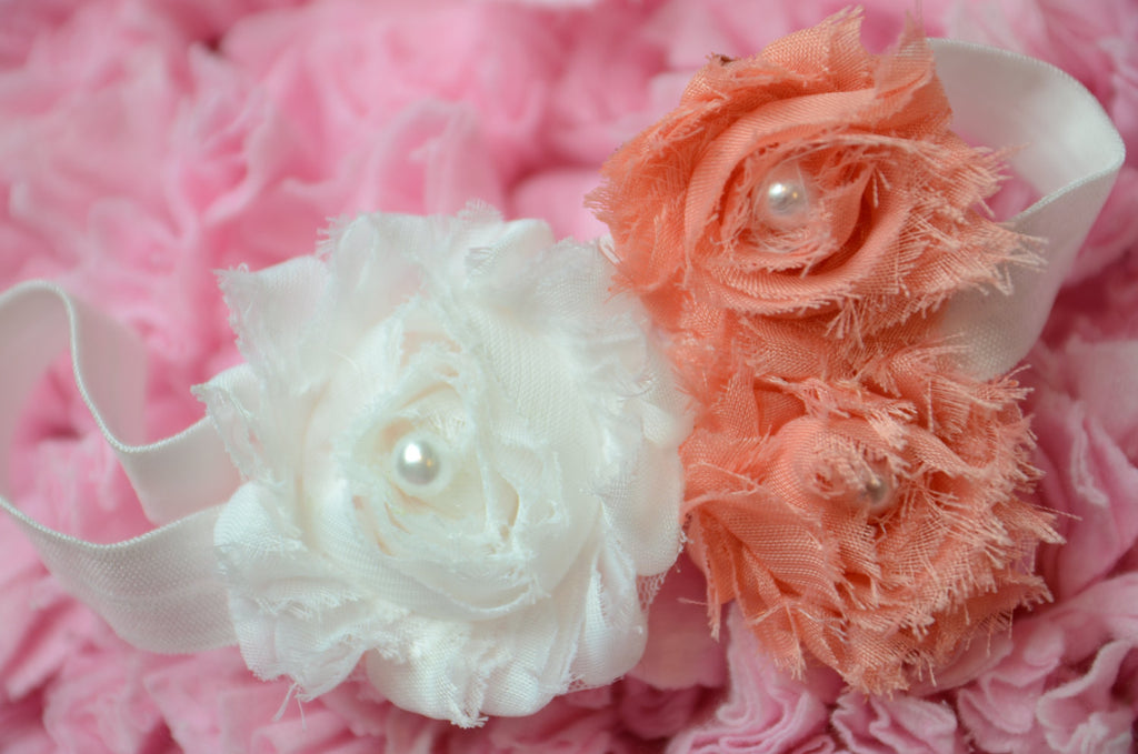 Shabby rose triple White with peach on white elastic headband and pearl centers - Pretty's Bowtique