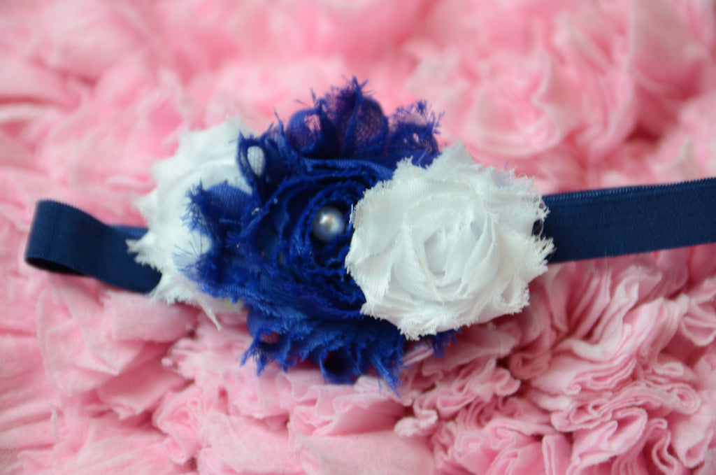 Shabby rose triple navy & white with a navy elastic headband - Pretty's Bowtique