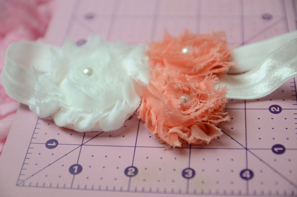 Shabby rose triple White with peach on white elastic headband and pearl centers - Pretty's Bowtique