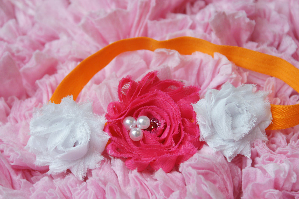 Shabby rose triple flower headband on an orange elastic band. Such a fun mix - Pretty's Bowtique