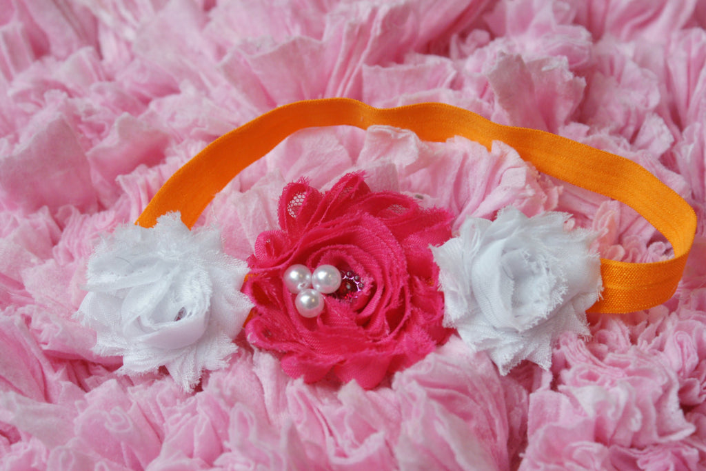 Shabby rose triple flower headband on an orange elastic band. Such a fun mix - Pretty's Bowtique