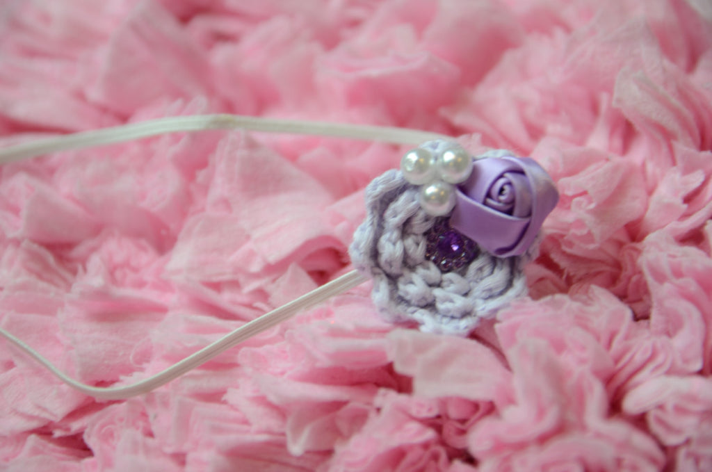 Knitted flower with rhinestone embellishments Purple & Lilac on white thin elastic band perfect for newborns - Pretty's Bowtique