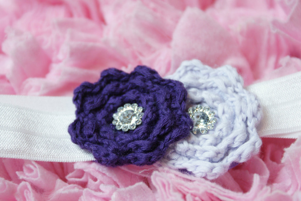 Knitted double flower with rhinestone embellishments Purple & Lilac on white elastic band perfect for newborns - Pretty's Bowtique