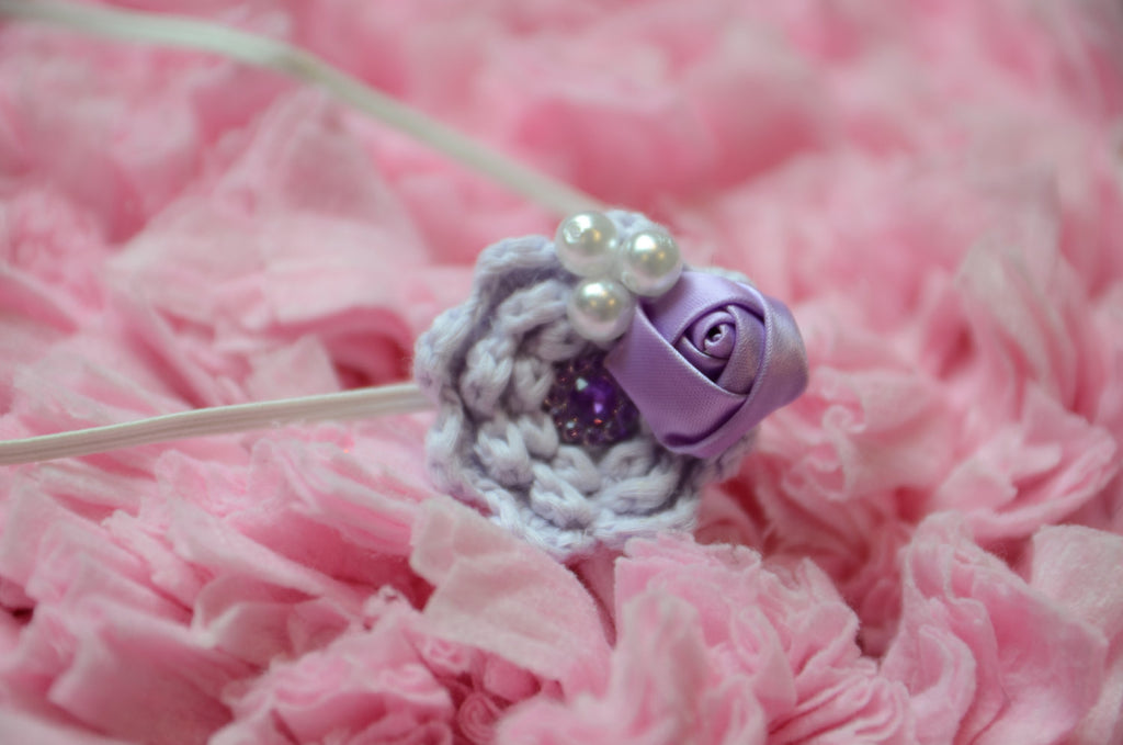 Knitted flower with rhinestone embellishments Purple & Lilac on white thin elastic band perfect for newborns - Pretty's Bowtique