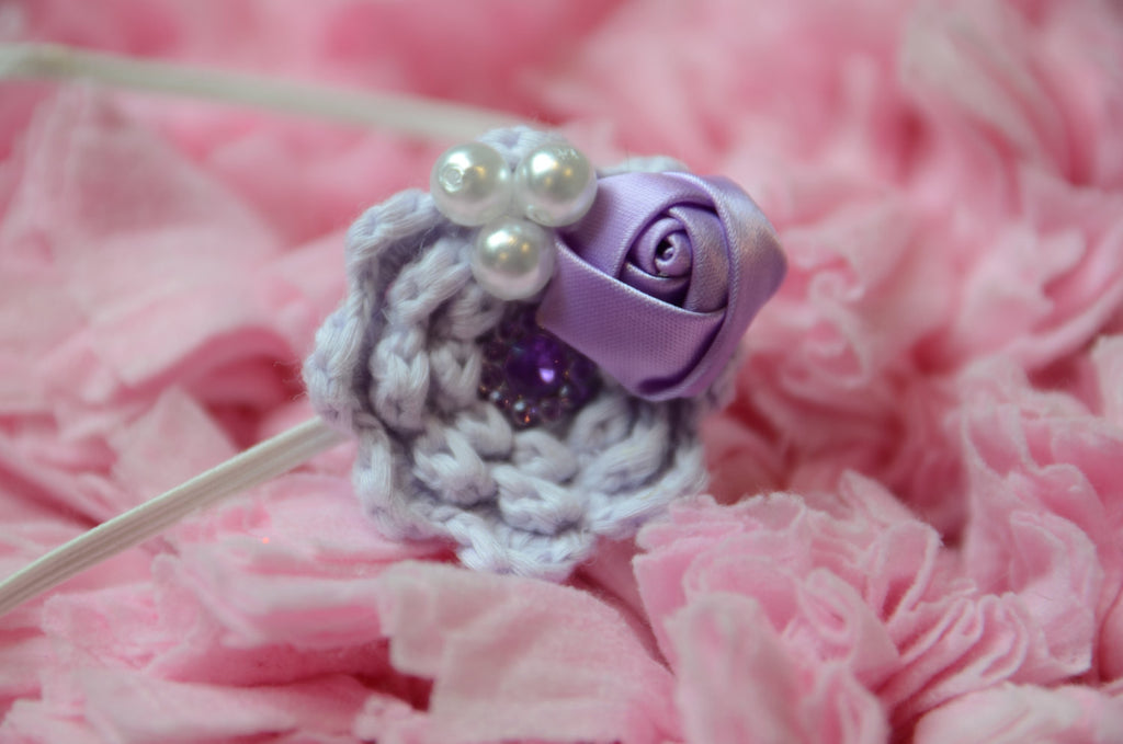 Knitted flower with rhinestone embellishments Purple & Lilac on white thin elastic band perfect for newborns - Pretty's Bowtique