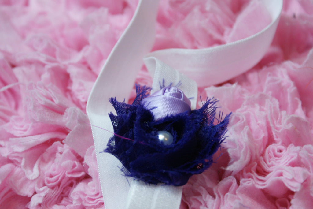 Shabby Rose Purple flower with satin rolled roseHeadband with embellishment on a white headband. - Pretty's Bowtique