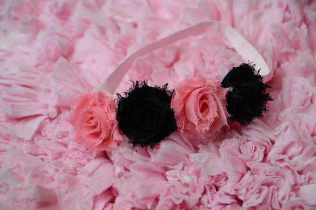 Mini Shabby rose flower headband on elastic band. Such a fun mix hot pink and black - Pretty's Bowtique