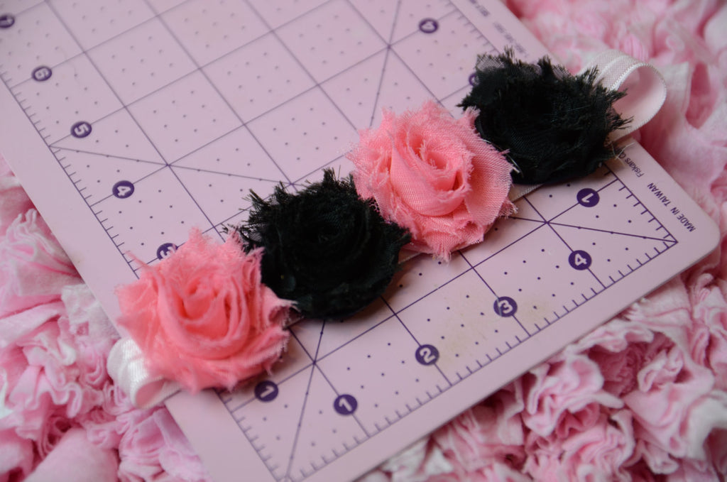 Mini Shabby rose flower headband on elastic band. Such a fun mix hot pink and black - Pretty's Bowtique