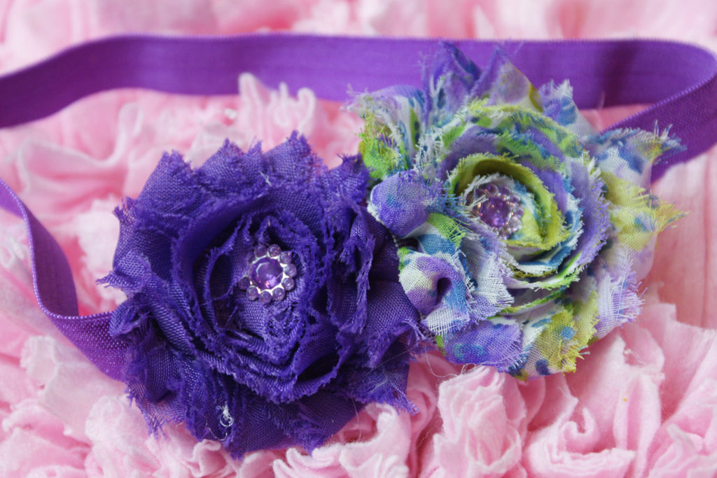 Shabby Rose Purple pattern Headband with rhinestone embellishments - Pretty's Bowtique