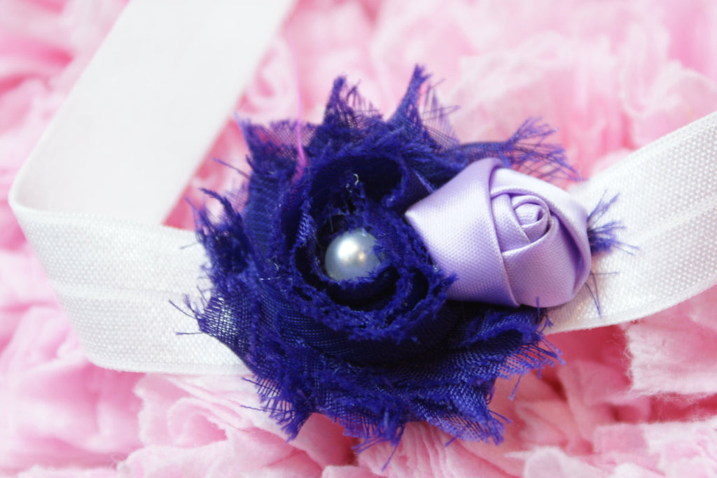 Shabby Rose Purple flower with satin rolled roseHeadband with embellishment on a white headband. - Pretty's Bowtique