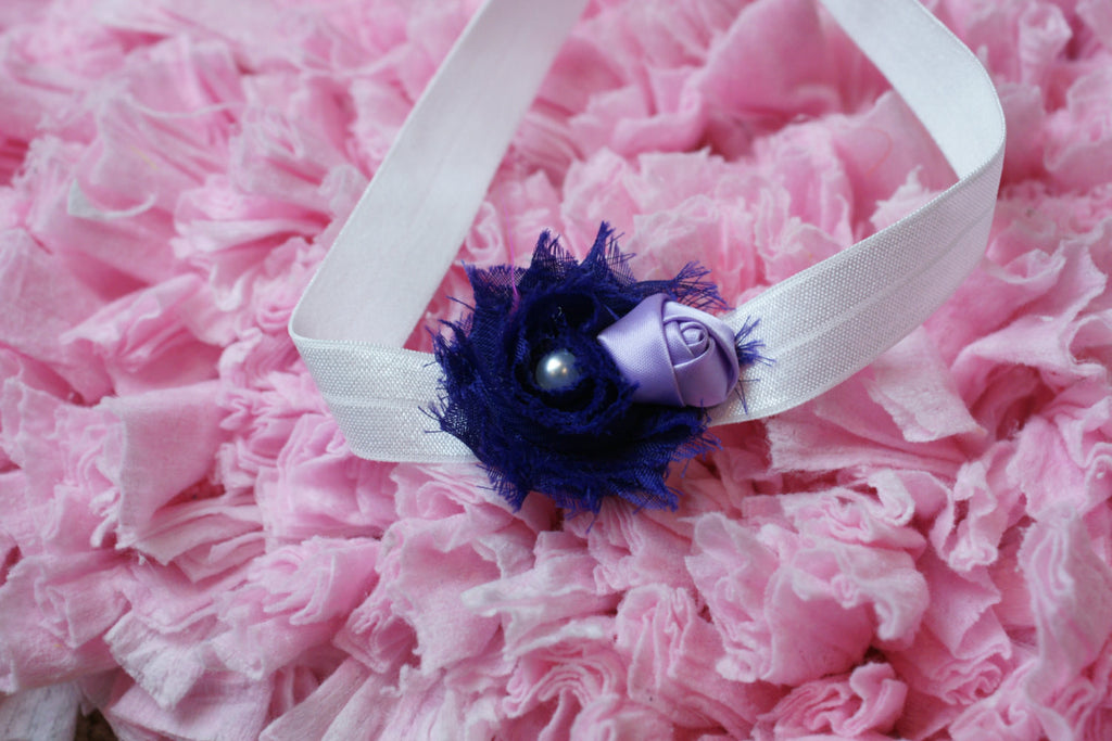 Shabby Rose Purple flower with satin rolled roseHeadband with embellishment on a white headband. - Pretty's Bowtique