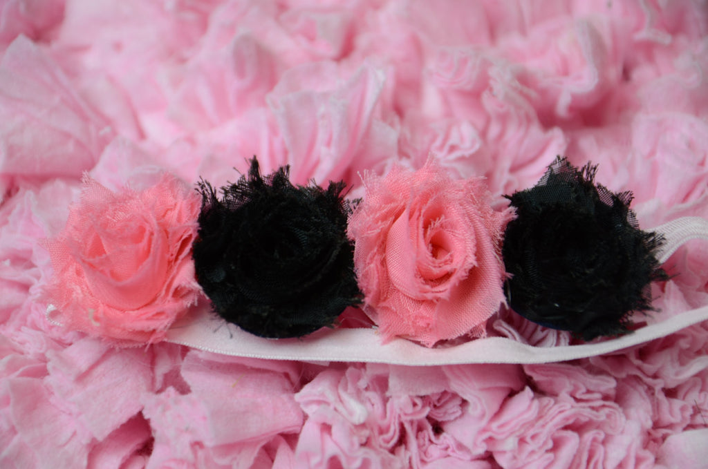 Mini Shabby rose flower headband on elastic band. Such a fun mix hot pink and black - Pretty's Bowtique