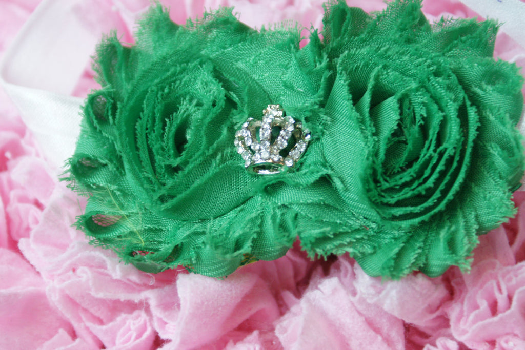 Shabby Rose Double flower Green with crown rhinestone center on white band - Pretty's Bowtique