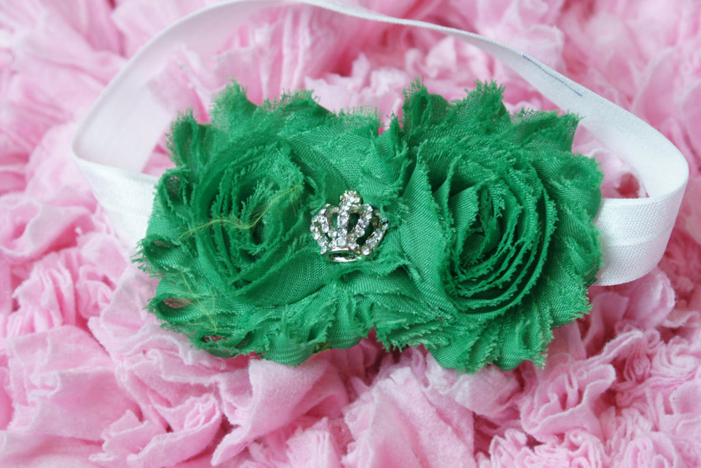Shabby Rose Double flower Green with crown rhinestone center on white band - Pretty's Bowtique