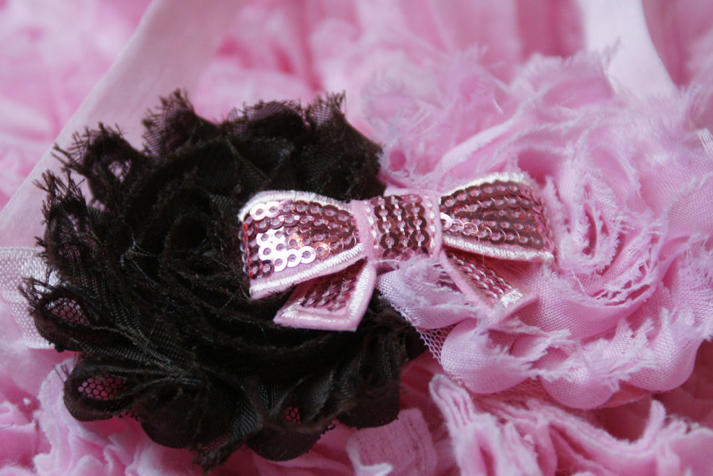 Shabby Rose Double flower pink and chocolate brown with sequin bow on a pink headband - Pretty's Bowtique