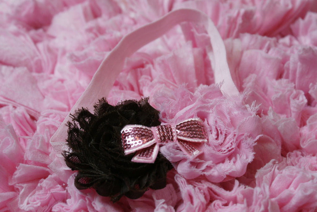 Shabby Rose Double flower pink and chocolate brown with sequin bow on a pink headband - Pretty's Bowtique