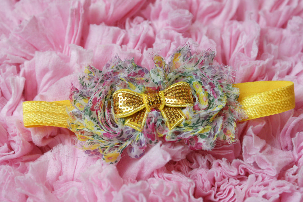 Shabby Rose Double flower yellow floral print with gold sequin bow.  SO pretty - Pretty's Bowtique