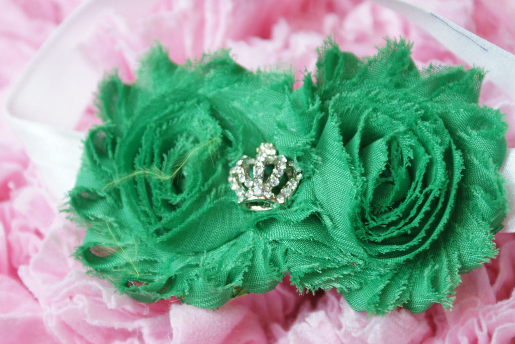 Shabby Rose Double flower Green with crown rhinestone center on white band - Pretty's Bowtique