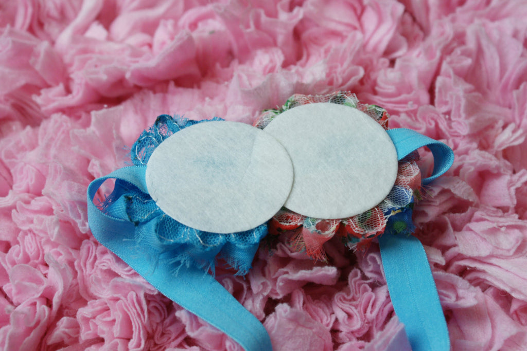Shabby Rose Double flower turquoise blue rose and patterned rose on elastic head band - Pretty's Bowtique