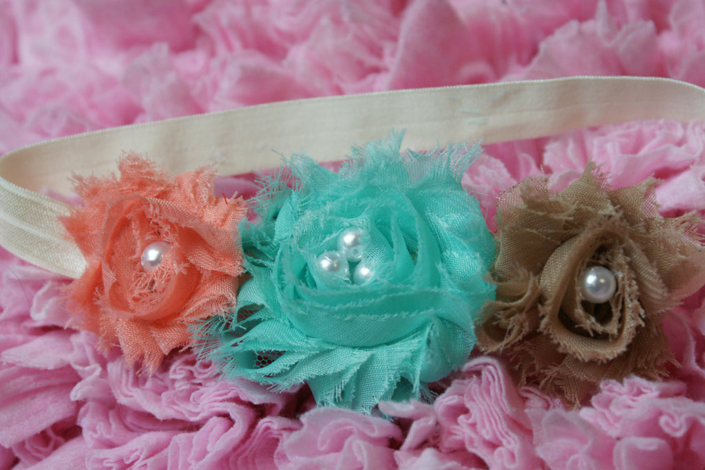 Shabby Rose triple flower headband with tan, coral, and aqua color combo - Pretty's Bowtique
