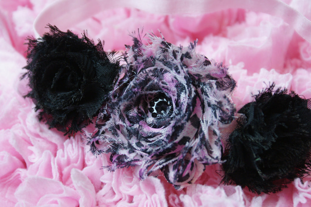 Shabby Rose triple flower headband with black shabbys and pink and black patterned center flower - Pretty's Bowtique