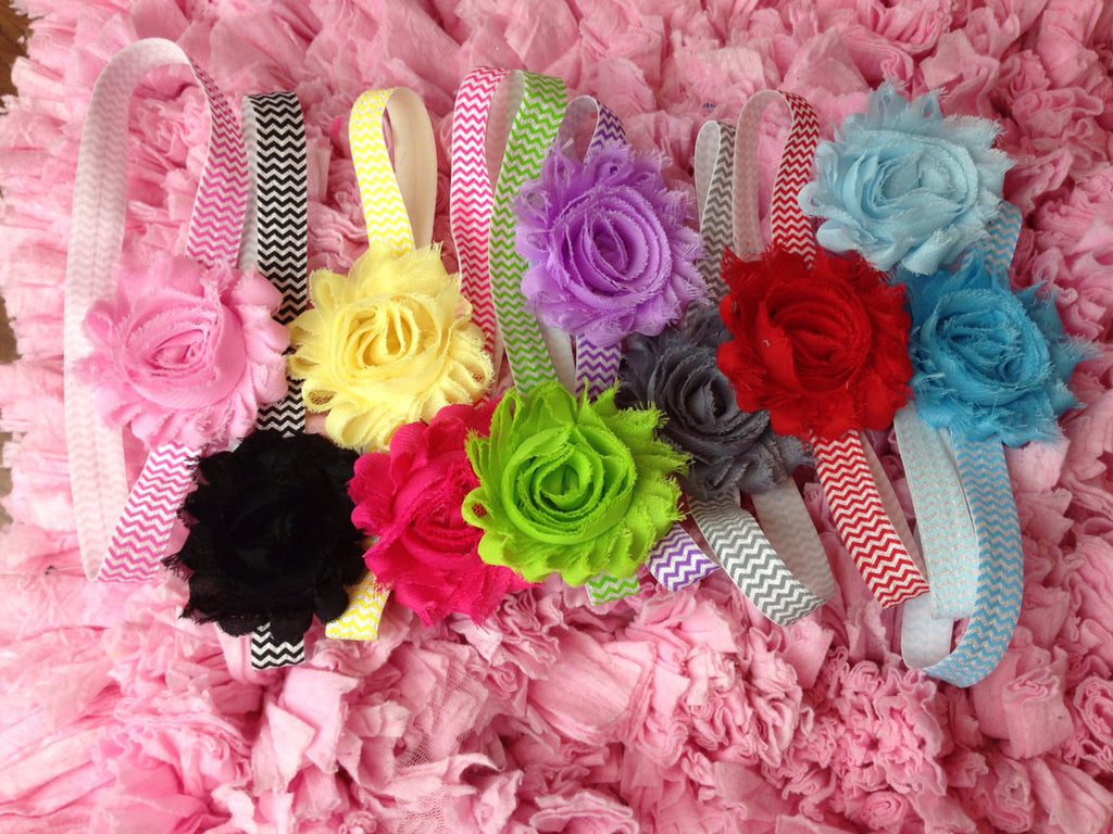 Shabby Rose triple flower headband you pick colors on chevron band - Pretty's Bowtique
