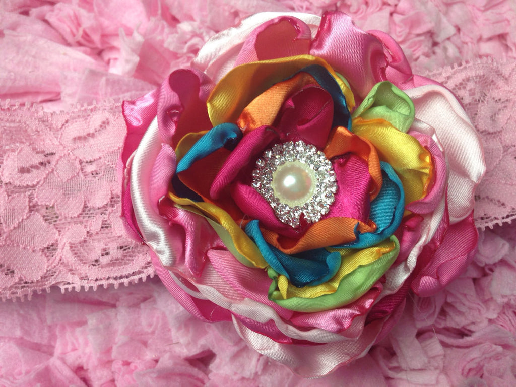 Satin petal flower with pearl center. Available in any color combo - Pretty's Bowtique