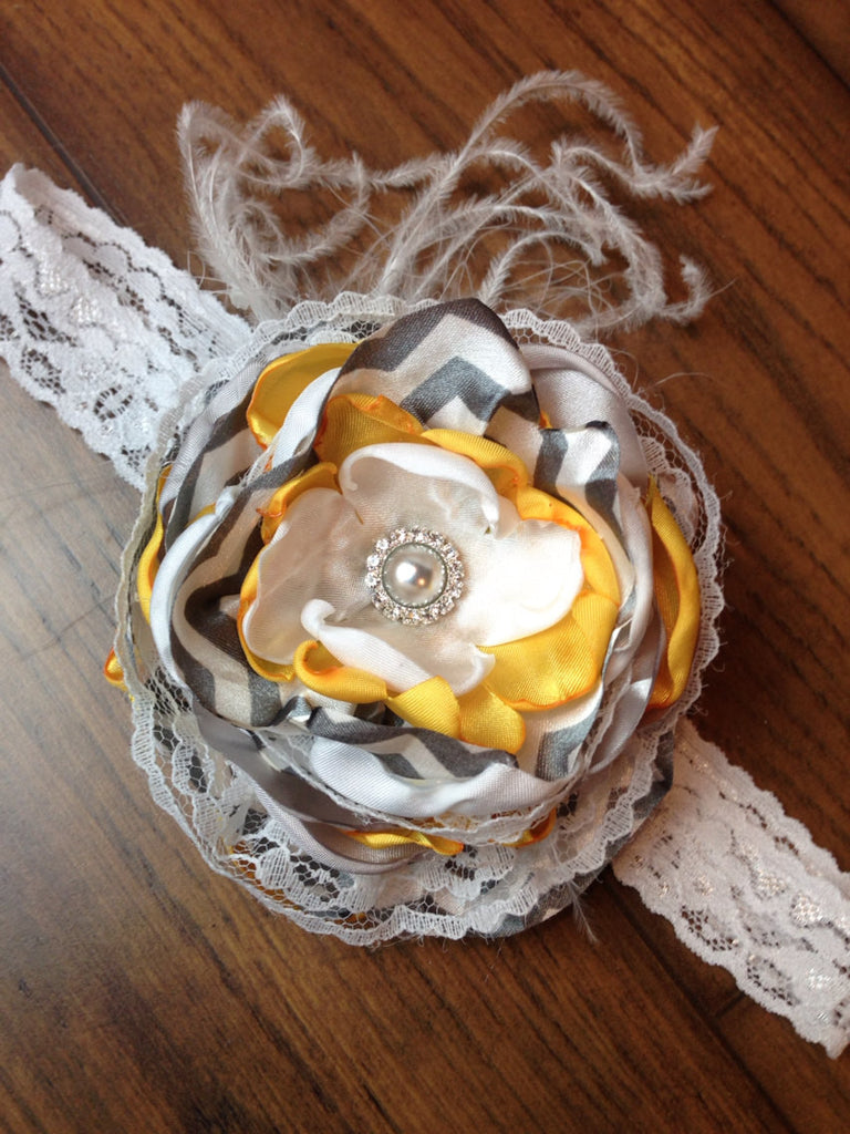Stunning lace headband flowers, Chevron, pearls, lace, and rhinestones - Pretty's Bowtique