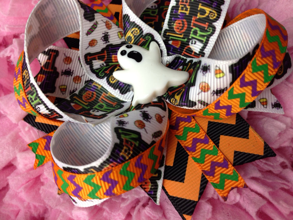 Halloween OVER the top BOW tons of ribbon, sparkles and more Ghost on SALE - Pretty's Bowtique
