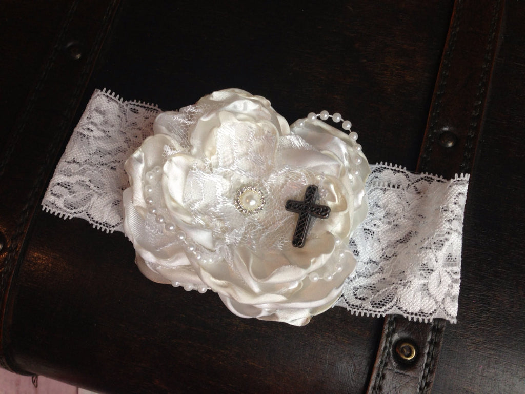 Flower girl Baptism flower headmand on lace band perfect for a Baptism or Christening cream and white mixed - Pretty's Bowtique