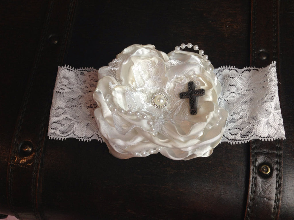 Flower girl Baptism flower headmand on lace band perfect for a Baptism or Christening cream and white mixed - Pretty's Bowtique