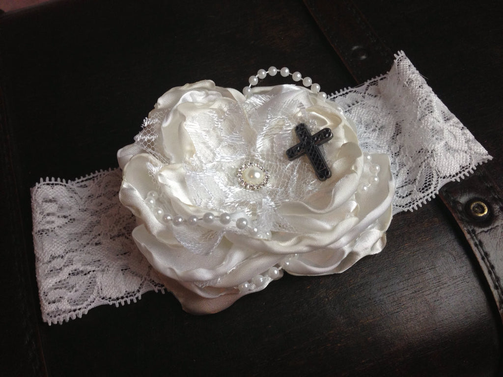 Flower girl Baptism flower headmand on lace band perfect for a Baptism or Christening cream and white mixed - Pretty's Bowtique