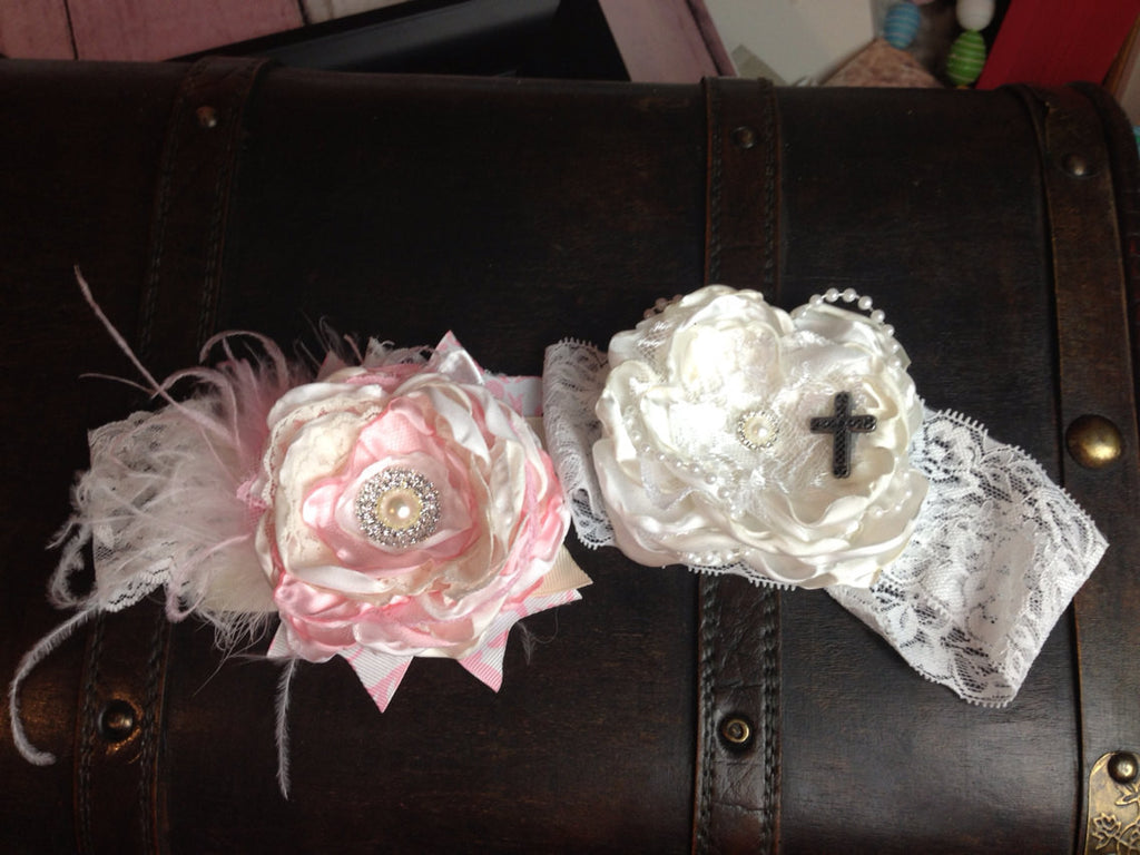Flower girl Baptism flower headmand on lace band perfect for a Baptism or Christening cream and white mixed - Pretty's Bowtique