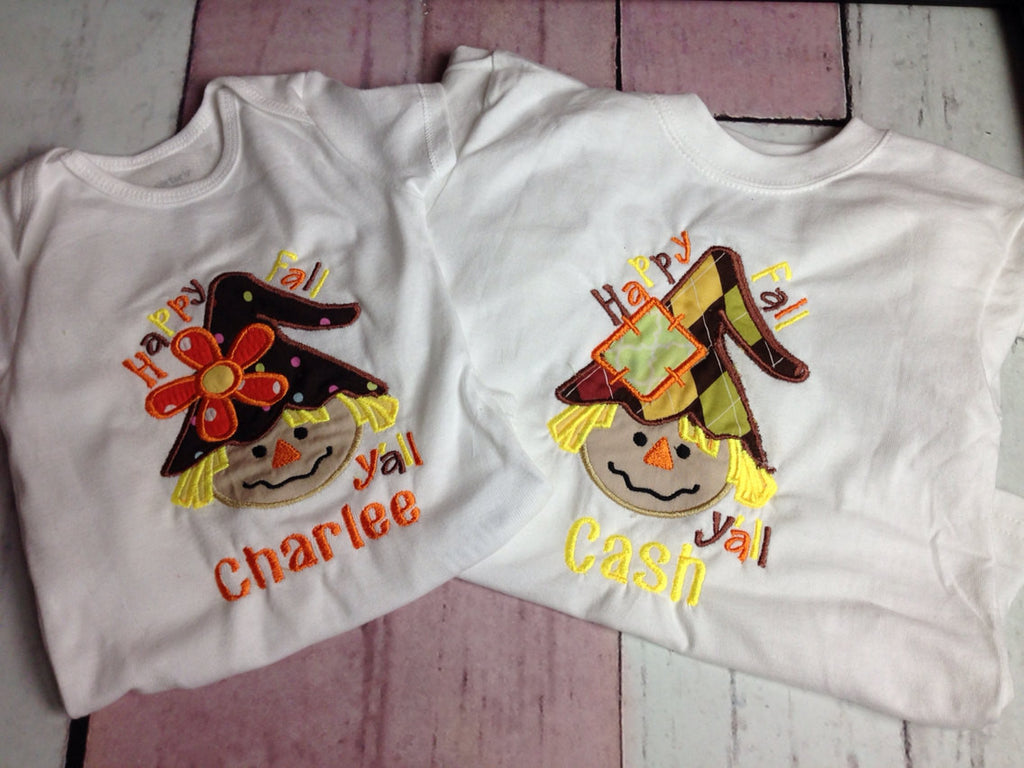 Happy Fall Yall Shirt for Girls with Scarecrow -- Sizes Newborn to Youth 14 - Pretty's Bowtique
