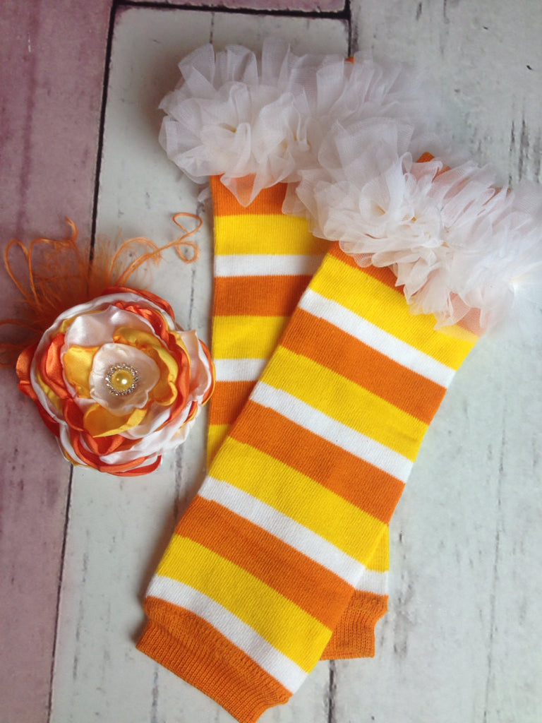 Candy Corn Leggings / Leg Warmers for Baby with Matching Flower Headband - Pretty's Bowtique