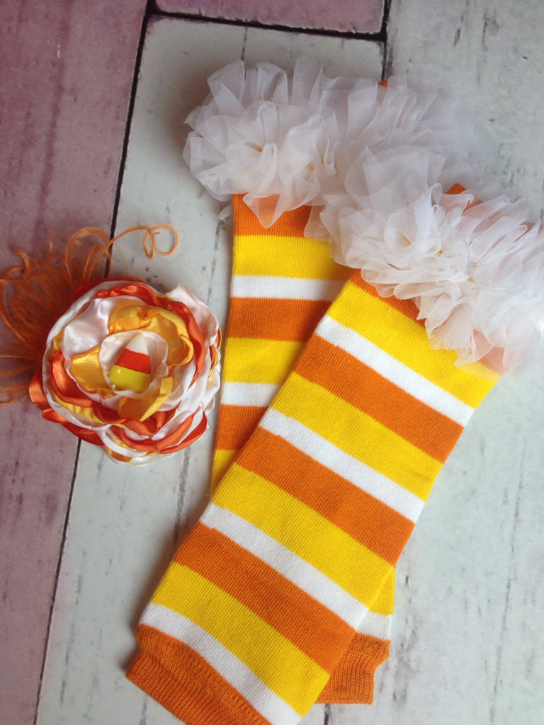 Candy Corn Leggings / Leg Warmers for Baby with Matching Flower Headband - Pretty's Bowtique